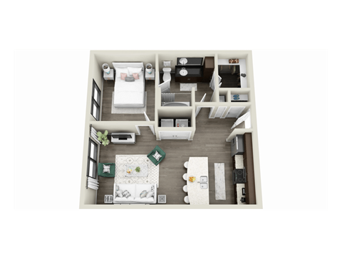 Floor plan for 1 bed, 1 bath, 641 sqft